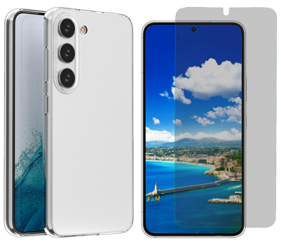 Pakke m. Gennemsigtig Silikone Cover til Samsung Galaxy S23 & Beskyttelsesglas / Skærmbeskyttelse / Privacy Glas til Samsung Galaxy S23