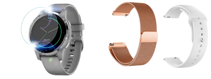 Pakke m. Beskyttelsesfilm til Garmin Vivoactive 4S & Cuneo Rem i Rosa & Sportina Silikone Rem i Hvid til Garmin Vivoactive 4S