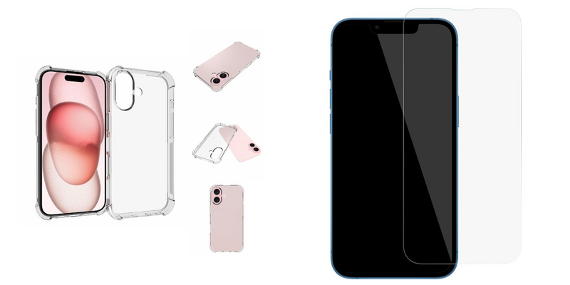 Pakke m. 1stk iPhone 16 Cover - Gennemsigtigt Silikone Cover  & 1stk iPhone 16 Skærmbeskyttelse / Beskyttelsesglas / Hærdet Glas