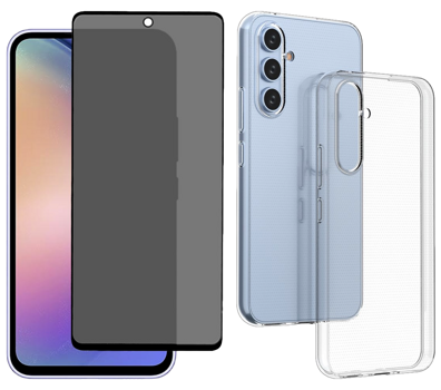 Pakke m. Beskyttelsesglas / Skærmbeskyttelse / Privacy Glas til Samsung Galaxy A54 5G & Gennemsigtig Silikone Cover til Samsung Galaxy A54 5G