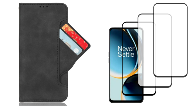 Pakke m. Kortholder Flip Cover til OnePlus Nord CE 3 Lite 5G & 3 Stk. Beskyttelsesglas / Skærmbeskyttelse / 3D Glas til OnePlus Nord CE 3 Lite 5G