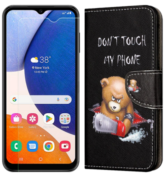 Pakke m. Beskyttelsesglas / Skærmbeskyttelse / Glas til Samsung Galaxy A14 4G / 5G & Angry Bear Flip Cover til Samsung Galaxy A14 4G / 5G