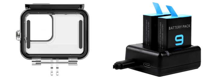 Pakke m. 45M Vandtæt Hus til GoPro Hero 9/10/11/12 Black & Dobbelt Batteri Oplader til GoPro Hero 9/10/11/12 Black