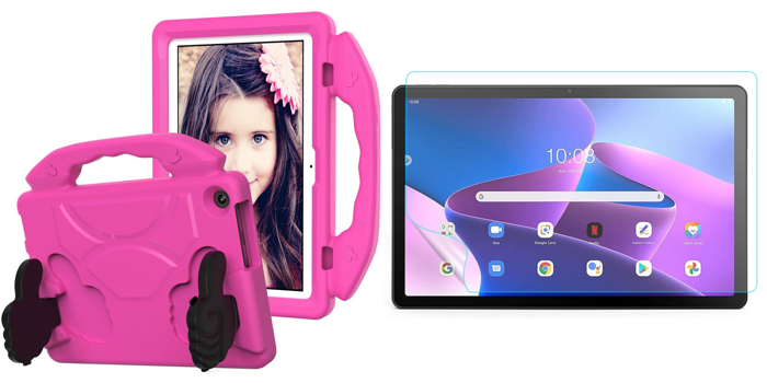 Pakke m. Børne Cover med Kickstand til Lenovo Tab M10 Gen 3 (TB328)-Pink & Skærmbeskyttelse / Film til Lenovo Tab M10 Gen 3 (TB328)