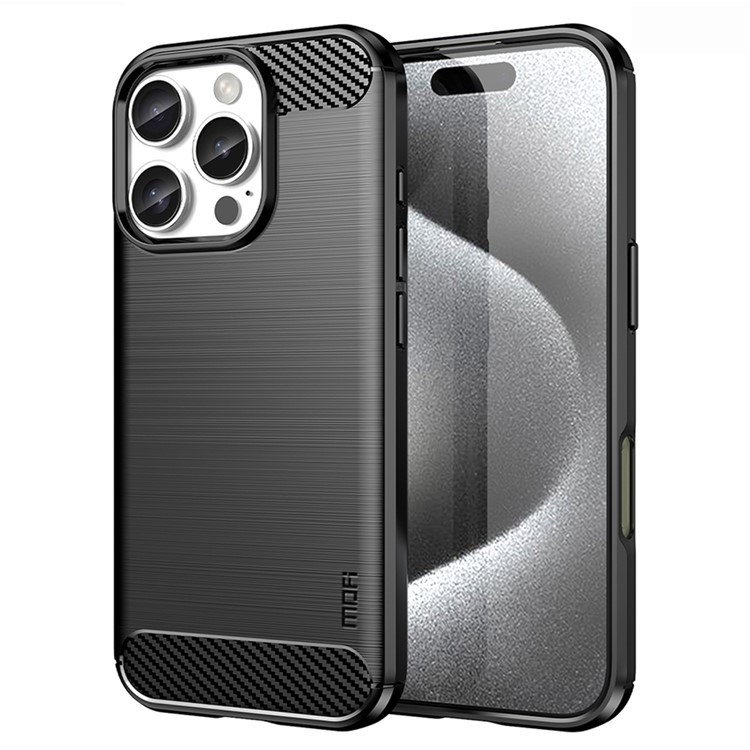 Nærbillede af kulfiberlook design på iPhone 16 Pro Max cover