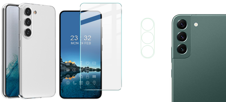 Pakke m. Gennemsigtig Silikone Cover til Samsung Galaxy S23 & Skærmbeskyttelse / Glas til Samsung Galaxy S23 & Kamera Beskyttelsesglas til Samsung Galaxy S23 / S23 Plus