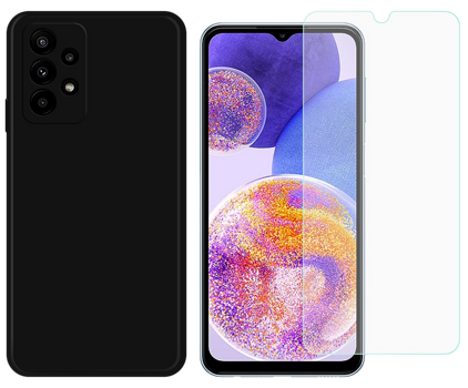 Pakke m. Soft Matte Silikone Cover til Samsung Galaxy A23-Sort & Skærmbeskyttelse / Beskyttelsesglas / Hærdet Glas til Samsung Galaxy A23