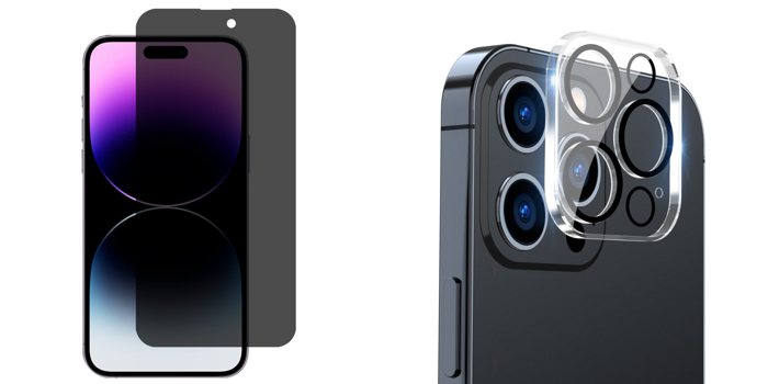 Pakke m. Skærmbeskyttelse / Privacy Glas til iPhone 15 Pro & Kamera Beskyttelsesglas til iPhone 15 Pro / Pro Max