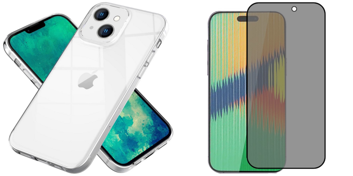 Pakke m. Gennemsigtigt Silikone Cover til iPhone 15 Plus & Beskyttelsesglas / Skærmbeskyttelse / Privacy Glas til iPhone 15 Plus