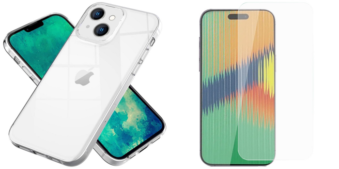 Pakke m. iPhone 15 Gennemsigtigt Silikone Cover & Skærmbeskyttelse / Beskyttelsesglas / Hærdet Glas til iPhone 15