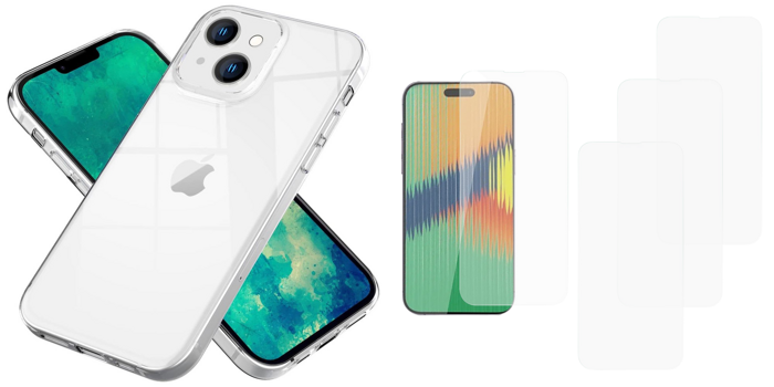 Pakke m. Gennemsigtigt Silikone Cover til iPhone 15 & 3 stk Skærmbeskyttelse / Beskyttelsesglas / Hærdet Glas til iPhone 15
