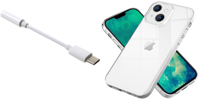 Pakke m. USB-C til AUX Adapter Kabel & Gennemsigtigt Silikone Cover til iPhone 15