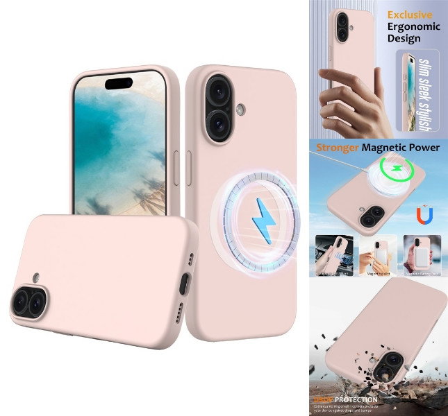 iPhone 16 Plus med lyserødt silikone cover