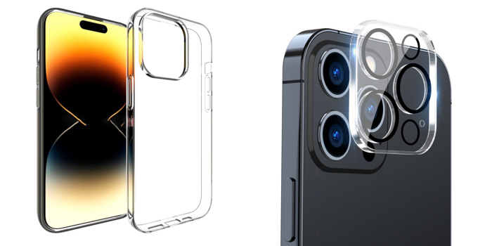 Pakke m. Gennemsigtigt Silikone Cover til iPhone 15 Pro & Kamera Skærmbeskyttelse / Beskyttelsesglas til iPhone 15 Pro / Pro Max