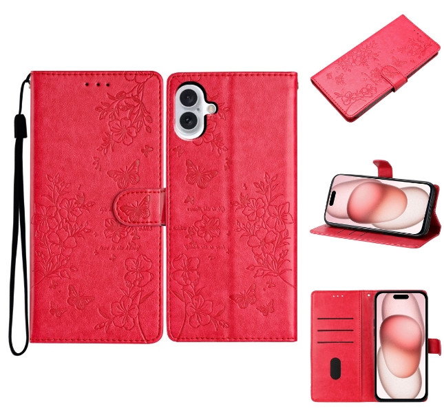 iPhone 16 etui i rød med sommerfugle- og blomsterdesign forfra
