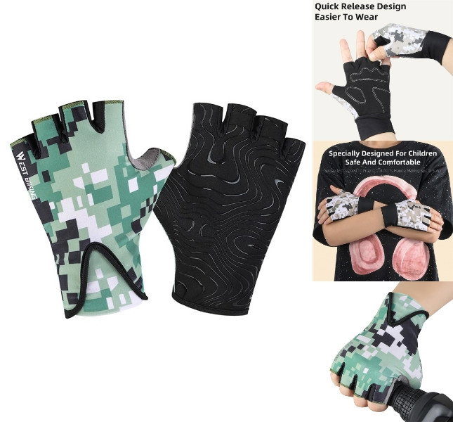 Grønne camouflage børnecykelhandsker set forfra