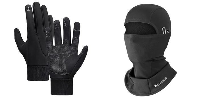 Pakke m. Vandtætte Vinterhandsker til Cykling og Løb, Handsker med Touch-Large & Vindtæt Elefanthue / Hjelmhue og Halsedisse til Løb og Cykel i Fleece-Sort