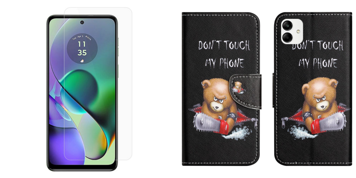 Pakke m. Motorola Moto G54 5G Beskyttelsesglas / Skærmbeskyttelse & Angry Bear Flip Cover til Motorola Moto G54 5G
