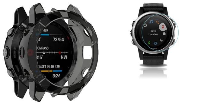 Pakke m. Gennemsigtigt Cover til Garmin Fenix 6 / 6 Pro Sort & Skærmbeskyttelse / Hærdet Beskyttelsesglas til Garmin Fenix 6 / 6 Pro