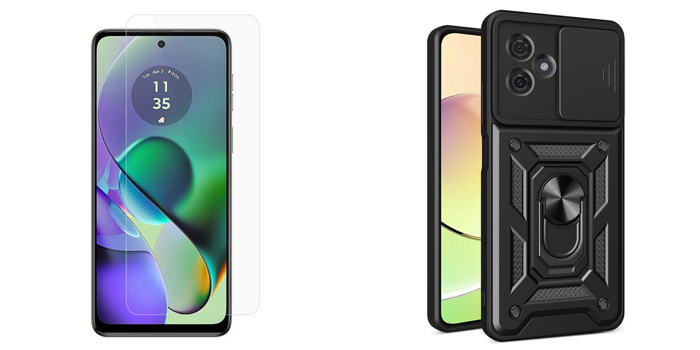 Pakke m. Motorola Moto G54 5G Beskyttelsesglas / Skærmbeskyttelse & Cover med Kickstand og Kamerabeskyttelse til Motorola Moto G54 5G