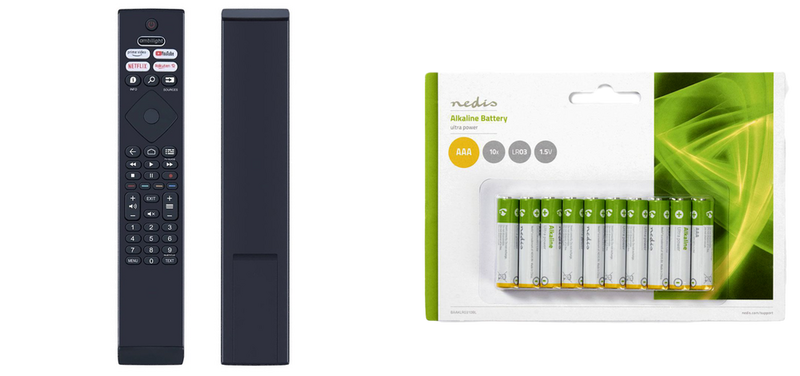 Pakke m. 1stk Fjernbetjening til Philips TV - Nem at Bruge & Holdbart Materiale & 1stk 10-Pak AAA Batterier 