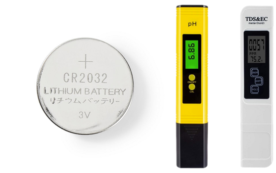Pakke m. CR2032 Knapcelle Batteri & 4-i-1 Vandmålersæt / pH-værdi, TDS, EC & Temperatur