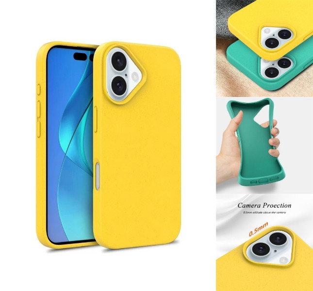 Biologisk nedbrydeligt iPhone 16 cover gul front