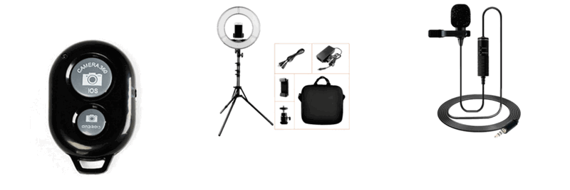 Pakke m. Bluetooth Udløser til Selfie Stang / Mobilkamera & XXL Stort Ring Light med Stativ & Clip-On Mikrofon m/ 6 m Kabel til Smartphones & Kamera