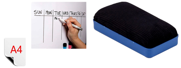 Pakke m. Magnetisk Whiteboard m. 2 tusser A4 & Magnetisk Tavlesvamp til Whiteboard