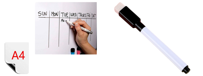 Pakke m. Magnetisk Whiteboard m. 2 tusser A4 & Whiteboard Tusch-Sort