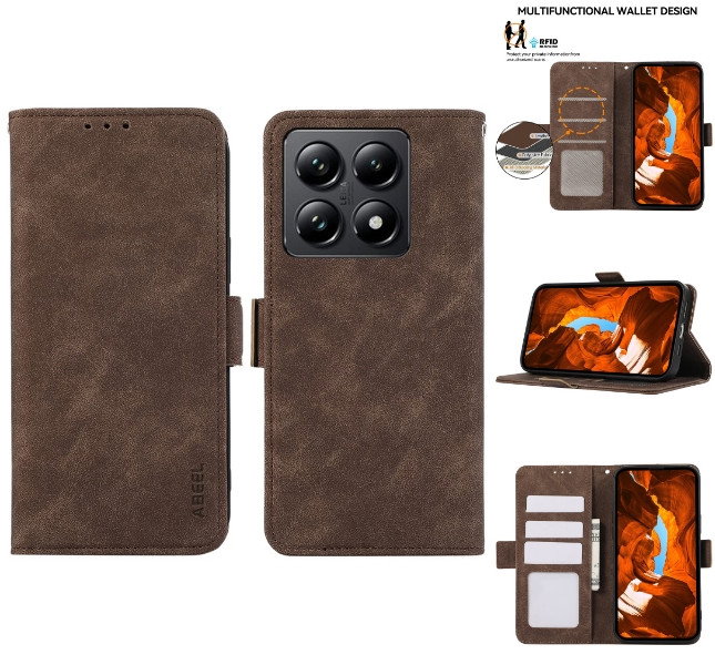 Xiaomi 14T læder flip cover brun forside