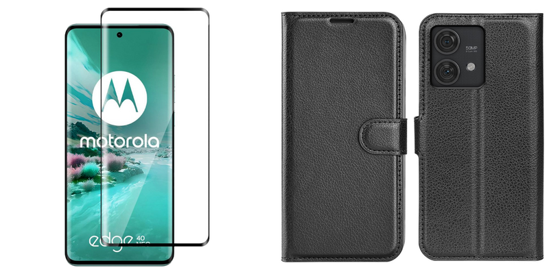 Pakke m. 1stk Motorola Edge 40 NEO  Skærmbeskyttelse / 3D Glas & 1stk Motorola Edge 40 NEO  Flip Cover i Sort Læder med Kortholder