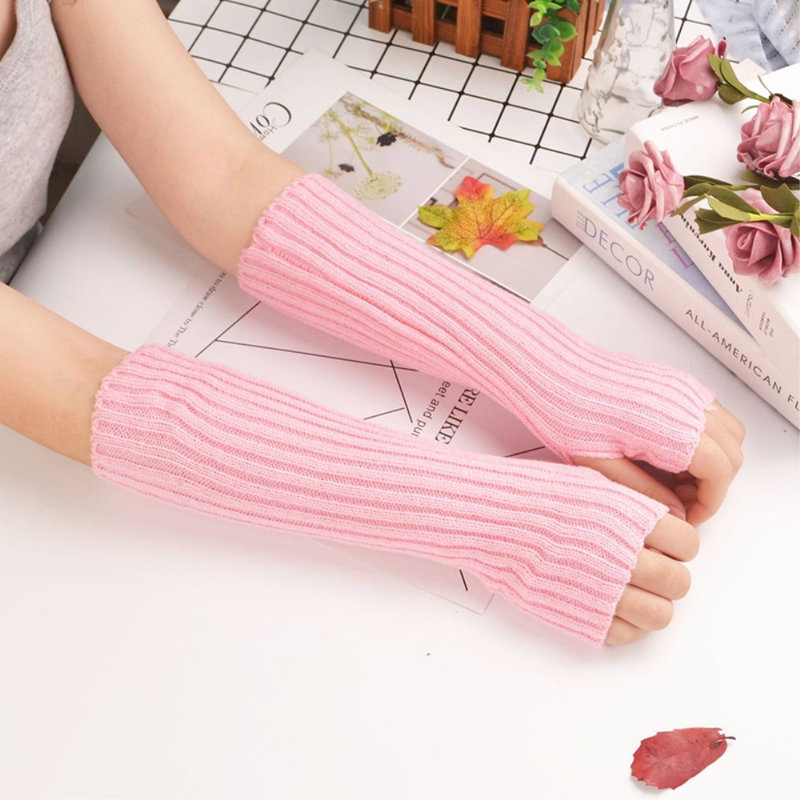 Lange Fingerløse Ribstrikkede Vanter -Pink