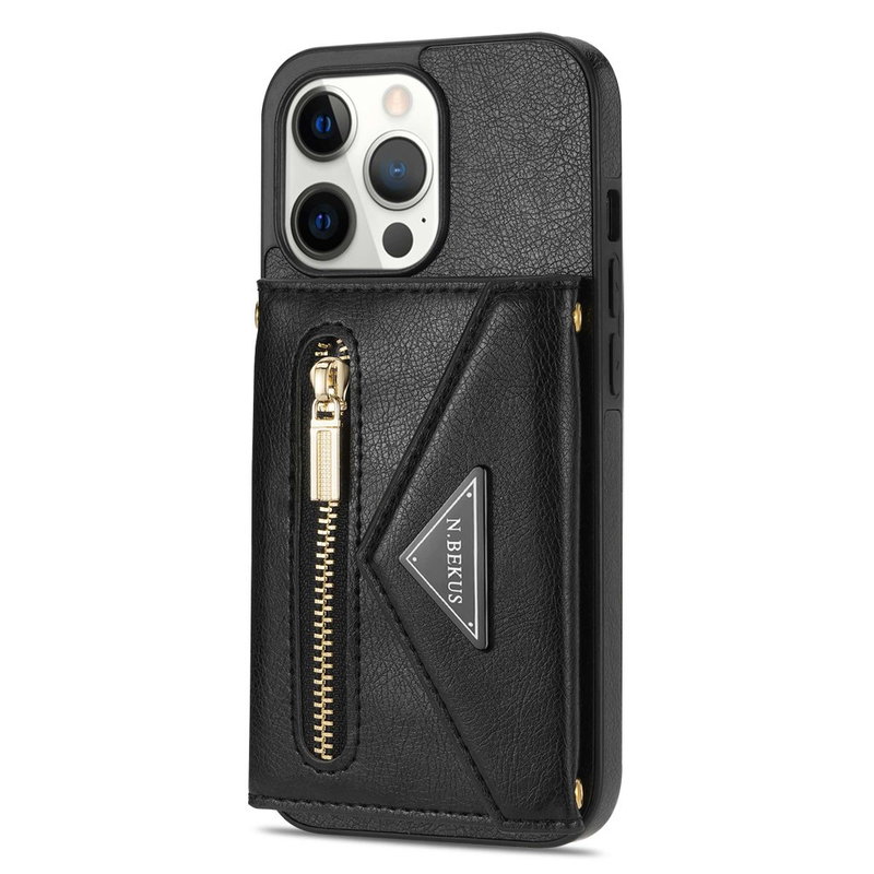 Læder Mobilpung / Taske Cover med Snor til iPhone 14 Pro-Sort