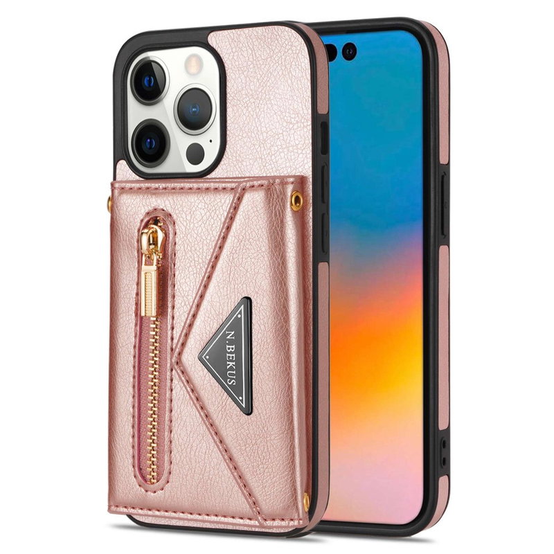 Læder Mobilpung / Taske Cover med Snor til iPhone 14 Pro-Lyserød