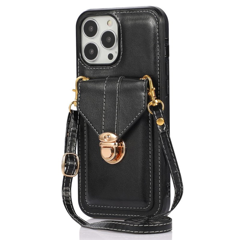 Læder Cover med Snor og Lomme til iPhone 14 Plus-Sort