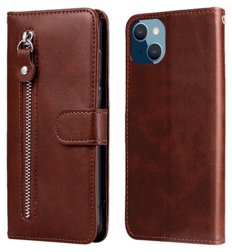 Zipper Flip Cover til iPhone 14 Plus-Brun