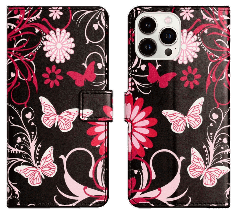 Pink Butterfly Flip Cover til iPhone 14 Pro