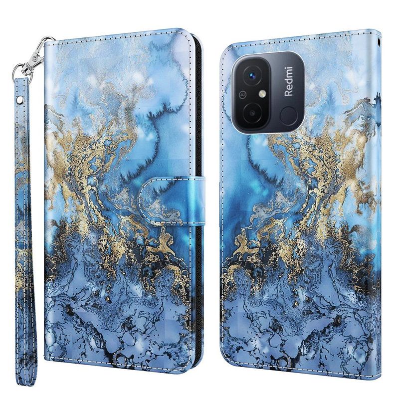 Blå og Guld Flip Cover til Xiaomi Redmi 12C 4G, med Hank, Stand og Kortholder
