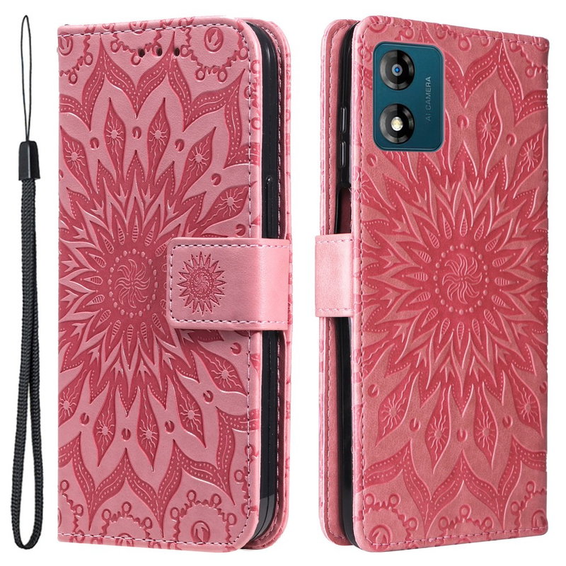 Mandala Læder Flip Cover til Motorola Moto E13 - med Kortholder og Hank-Pink