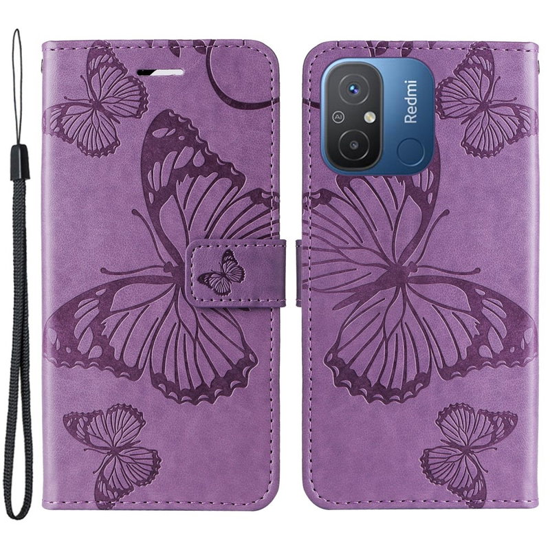 Butterfly Læder Flip Cover til Xiaomi Redmi 12C 4G, med Lommer, Hank og Stand-Lilla