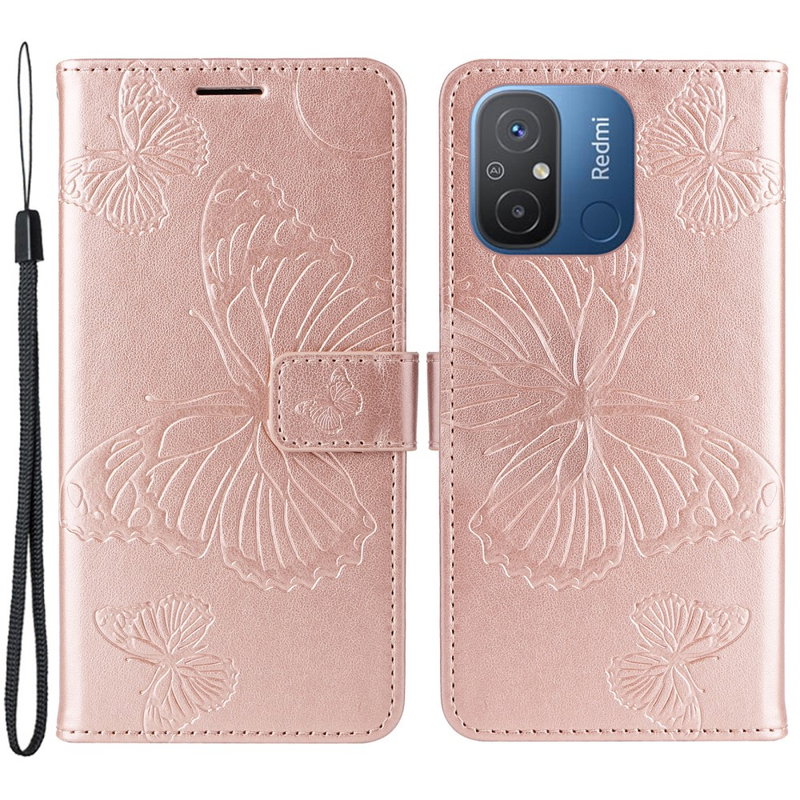 Butterfly Læder Flip Cover til Xiaomi Redmi 12C 4G, med Lommer, Hank og Stand-RosaGuld