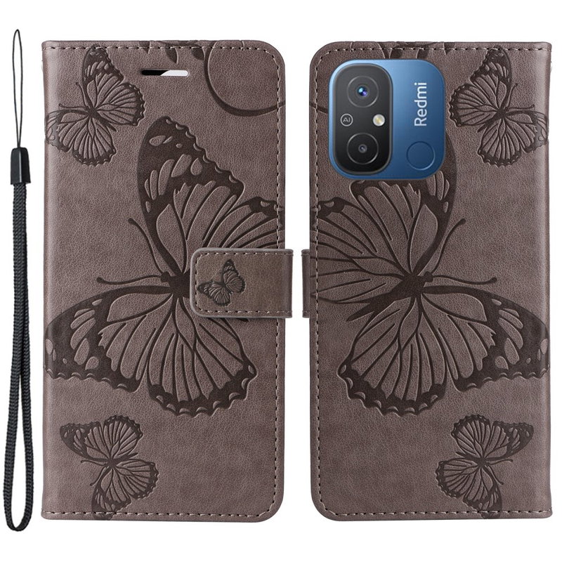 Butterfly Læder Flip Cover til Xiaomi Redmi 12C 4G, med Lommer, Hank og Stand
