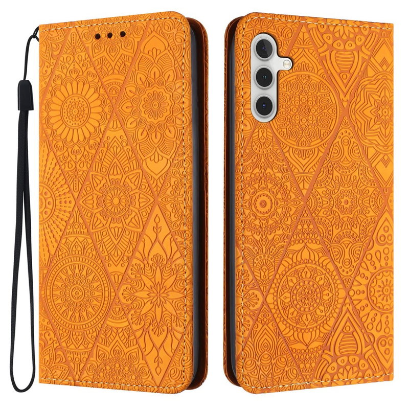 Samsung Galaxy S23 FE 5G Gul Mandala Læder Cover med Hank