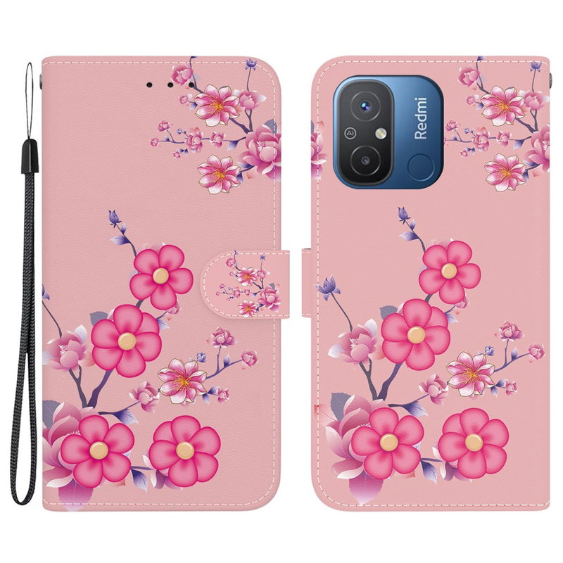Cherry Blossom Læder Flipcover til Xiaomi Redmi 12C 4G, med hank, stand og mobilpung