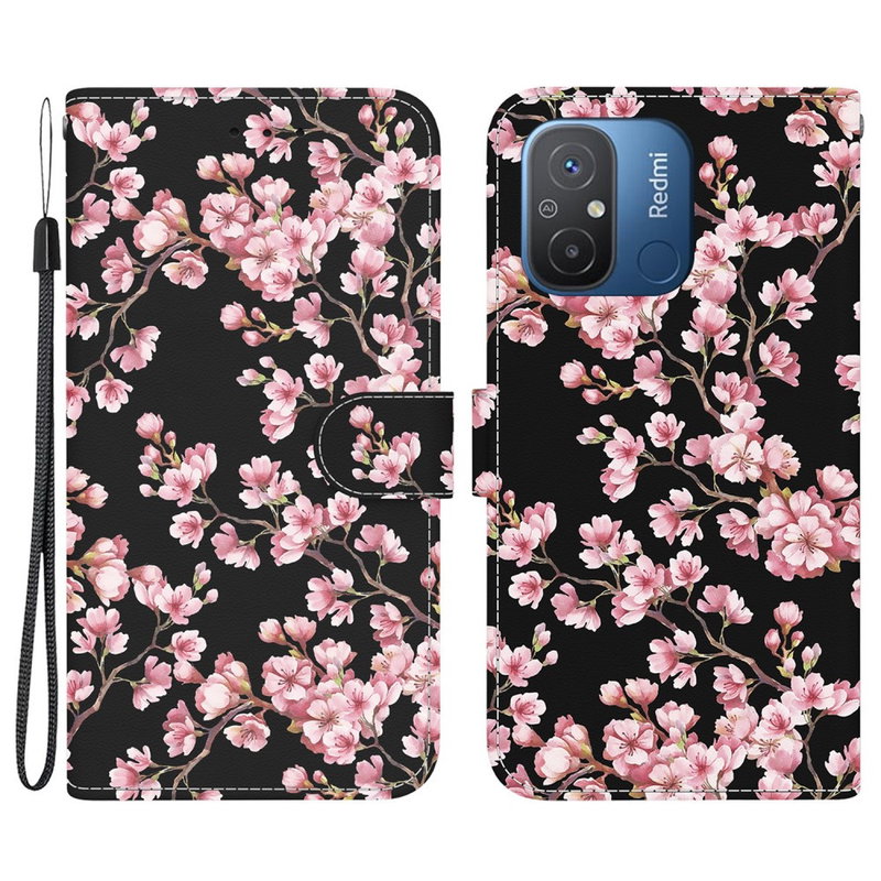 Pink Flower Læder Flipcover til Xiaomi Redmi 12C 4G, med hank, støttefod og kortholder