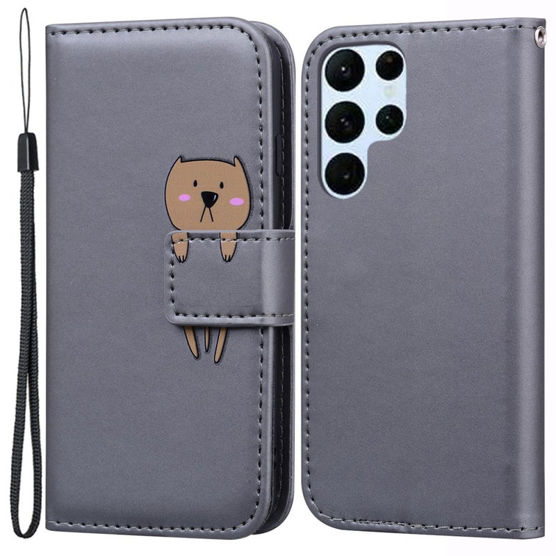 Læder Flip Cover med Dyr til Samsung Galaxy S24 Ultra-Grå