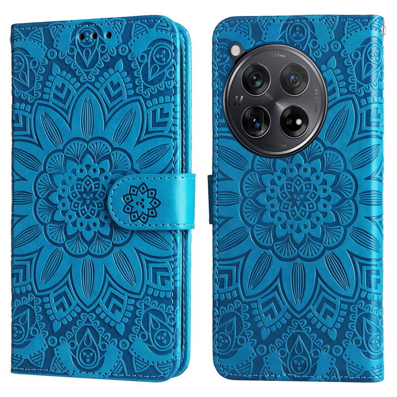 OnePlus 12R 5G Mandala Læder Flip Cover med Magnet Luk og Mobilpung-Blå