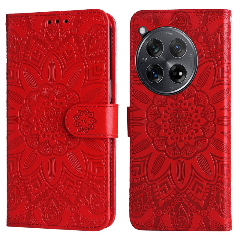 OnePlus 12R 5G Mandala Læder Flip Cover med Magnet Luk og Mobilpung-Rød