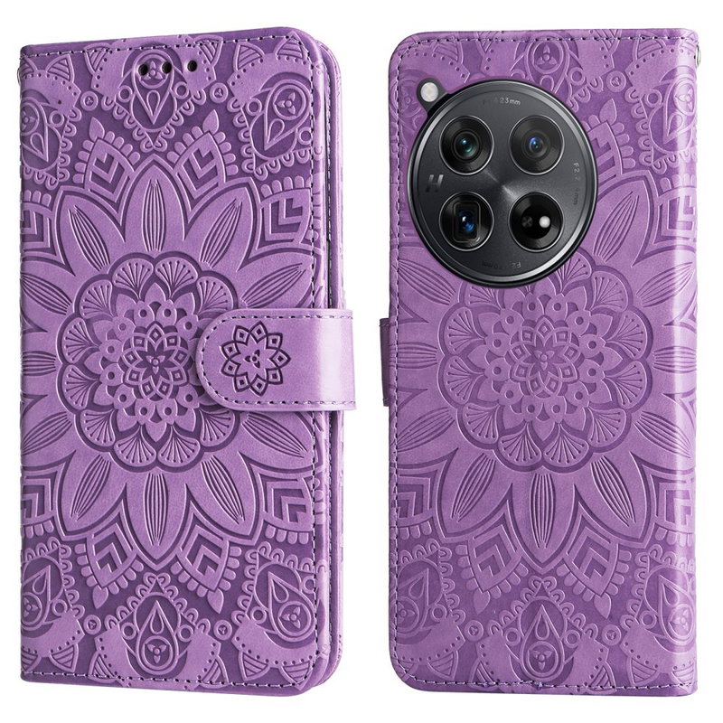 OnePlus 12R 5G Mandala Læder Flip Cover med Magnet Luk og Mobilpung-Lilla